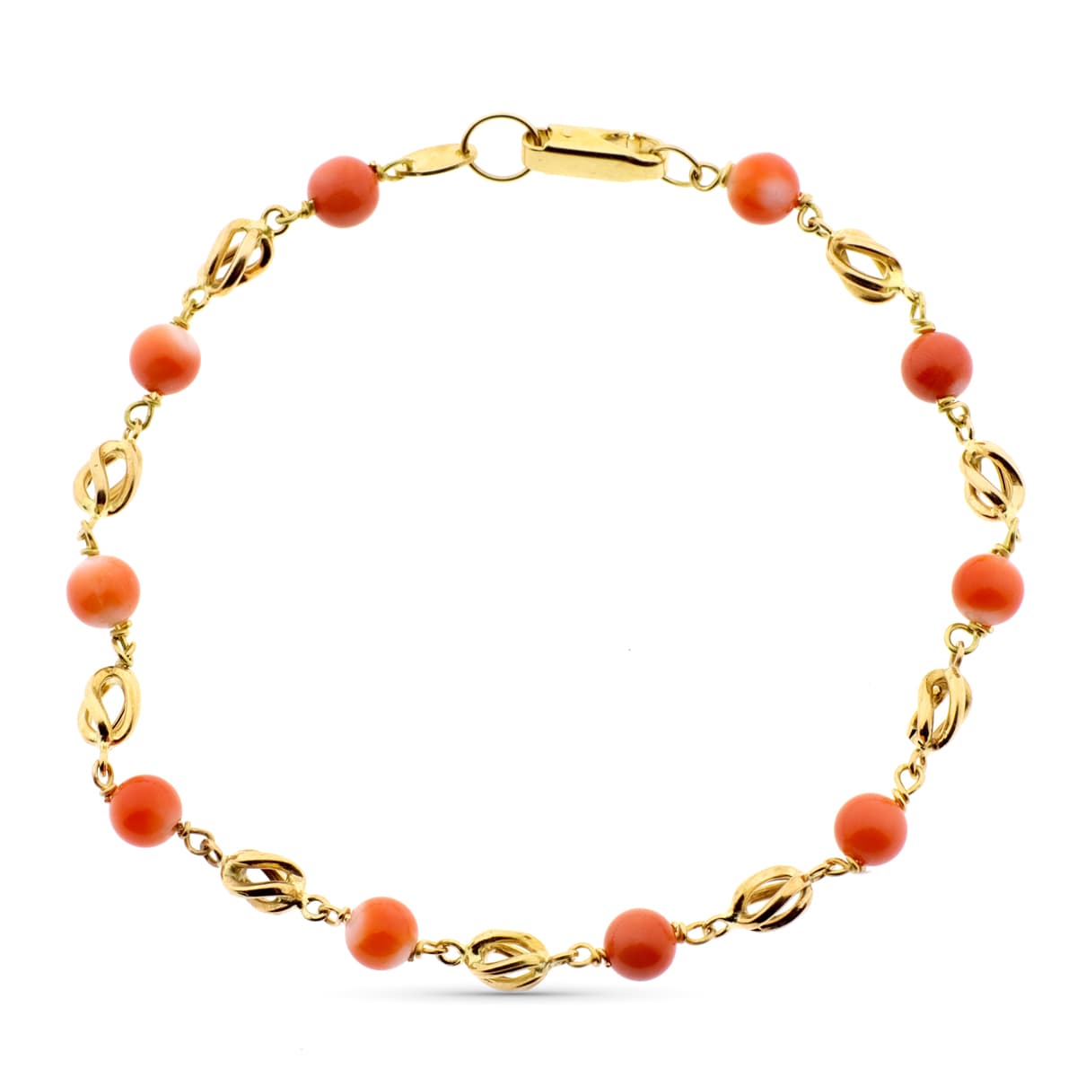 18K PULSERA ORO AMARILLO CON JAULAS Y CORAL FINO JAPONES 5 MM 20 CM