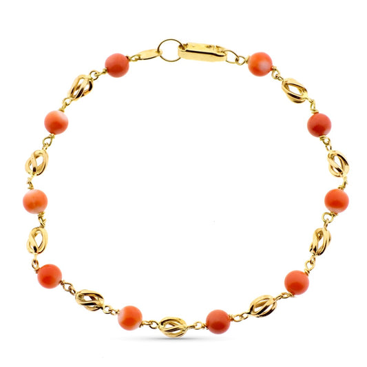 18K PULSERA ORO AMARILLO CON JAULAS Y CORAL FINO JAPONES 5 MM 20 CM