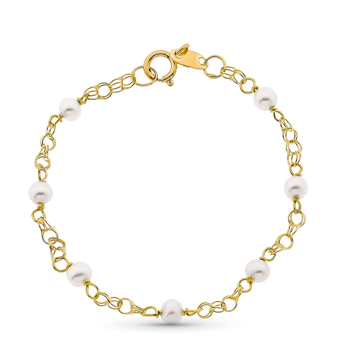 18K PULSERA ORO AMARILLO NIÑA PERLA 3 MM Y CADENA HUNGARA LONGITUD 12 CM