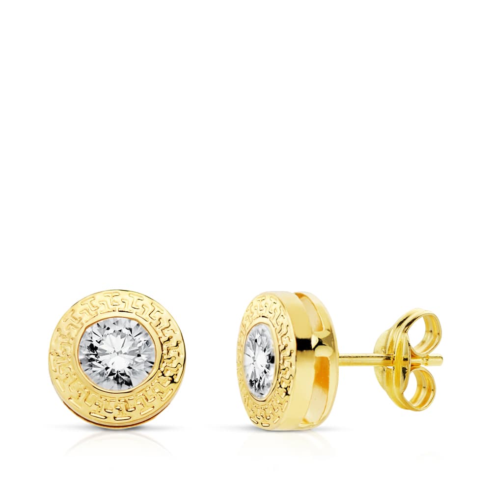 18K PENDIENTES ORO AMARILLO CHATON GRECA 7 MM CIRCONITA