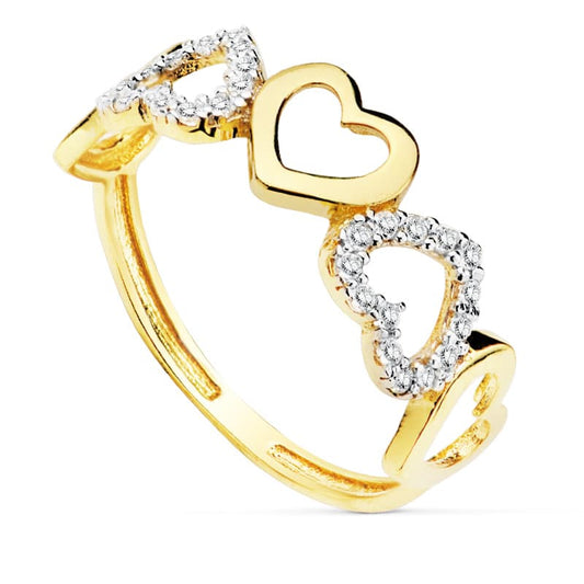 ANILLO DE ORO AMARILLO BICOLOR CORAZONES Y CIRCONITAS 18K