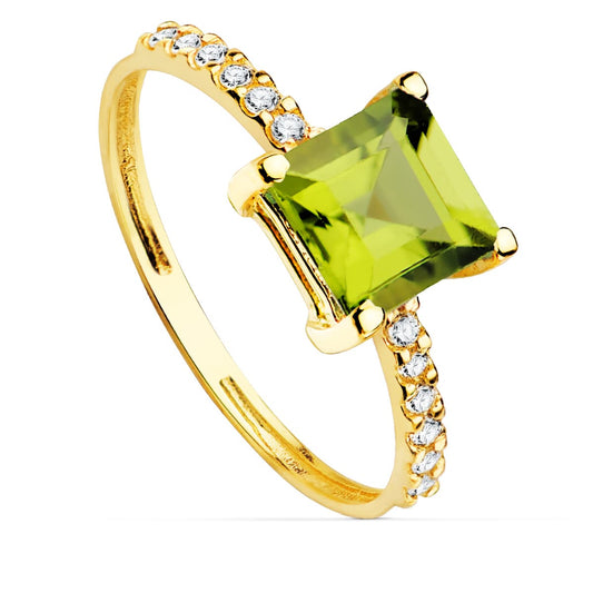 18K SORTIJA ORO AMARILLO CIRCONITAS Y PERIDOTO FINO 6X6 MM ANCHO CUERPO 1.5 MM