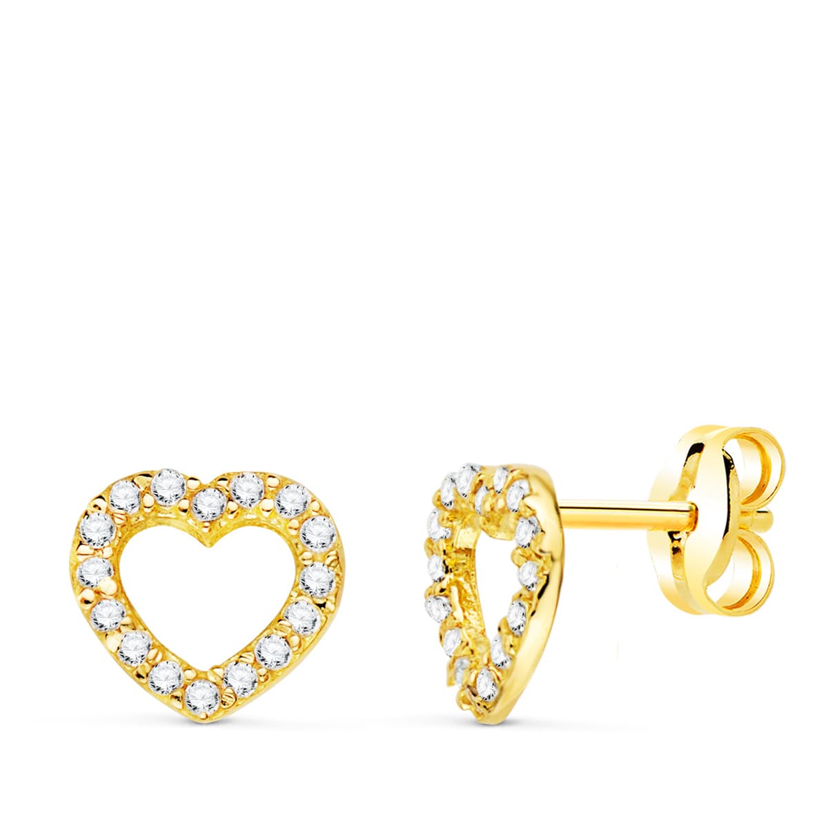 18K PENDIENTES ORO AMARILLO CORAZON MINI CON CIRCONITAS 7X7 MM CIERRE PRESION