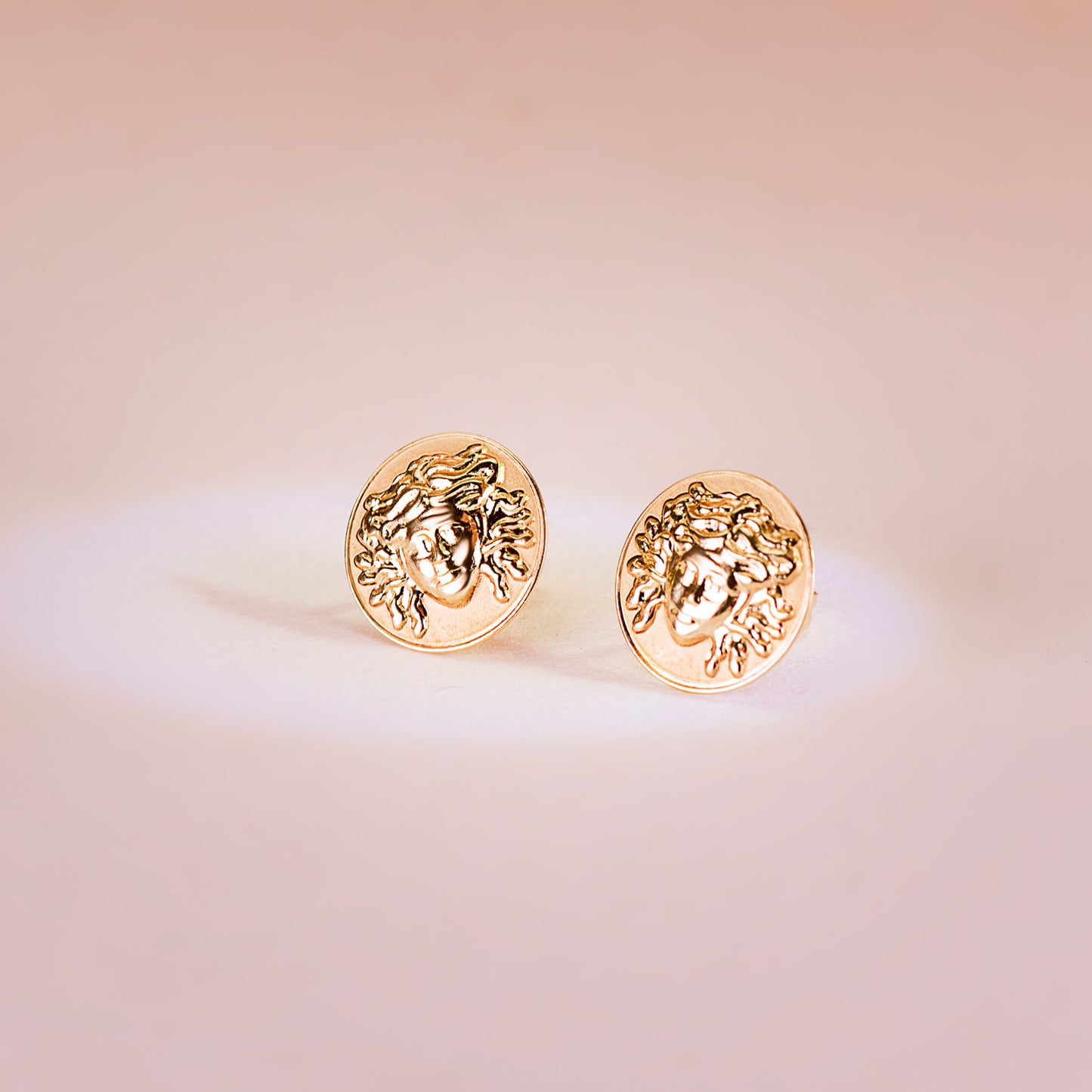 18K PENDIENTES ORO AMARILLO REDONDOS CON MEDUSA 12 MM BRILLO Y MATE PRESION