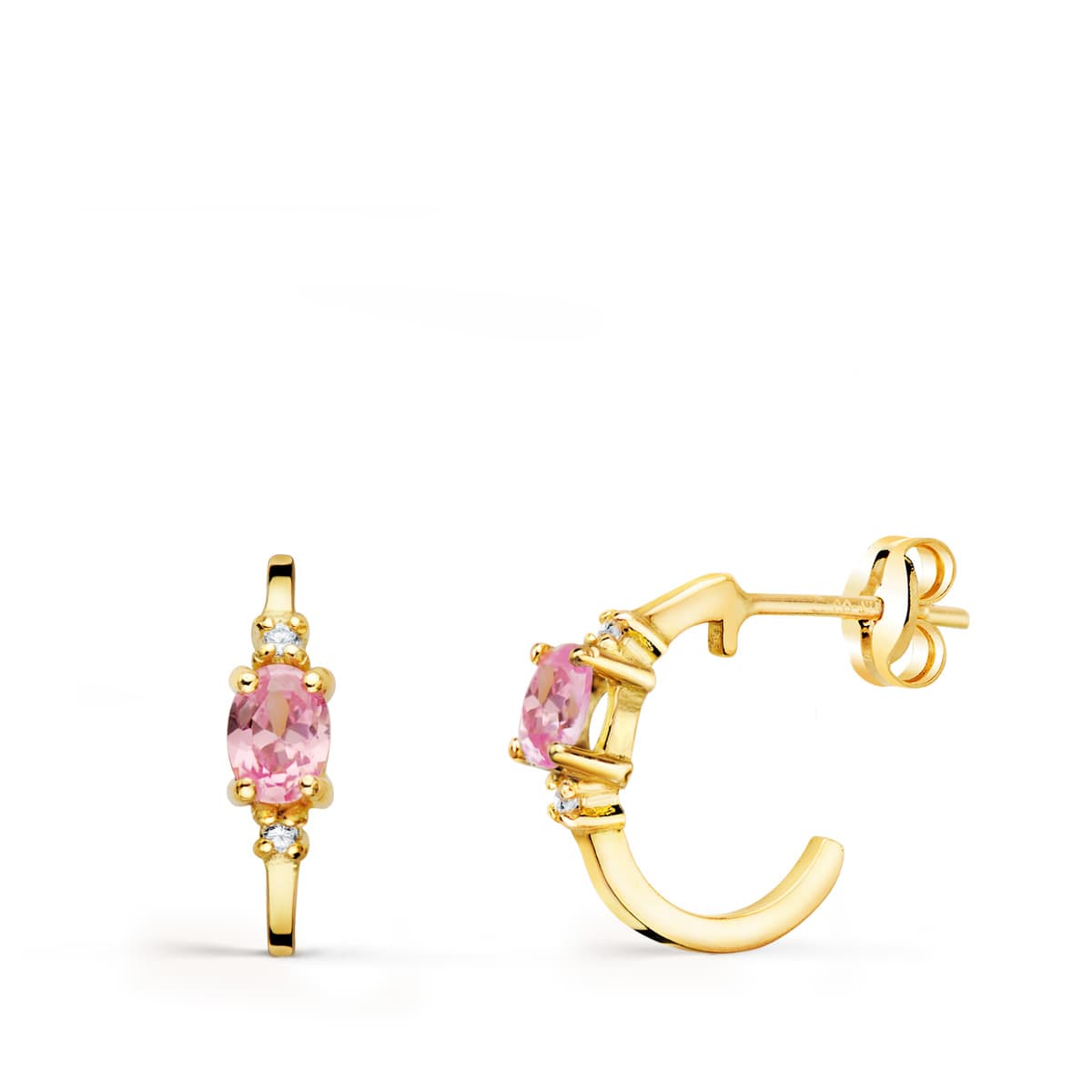 18K PENDIENTES ORO AMARILLO MEDIO ARO LISO CON CIRCONITA ROSA Y CIRCONITAS 12X3 MM PRESION