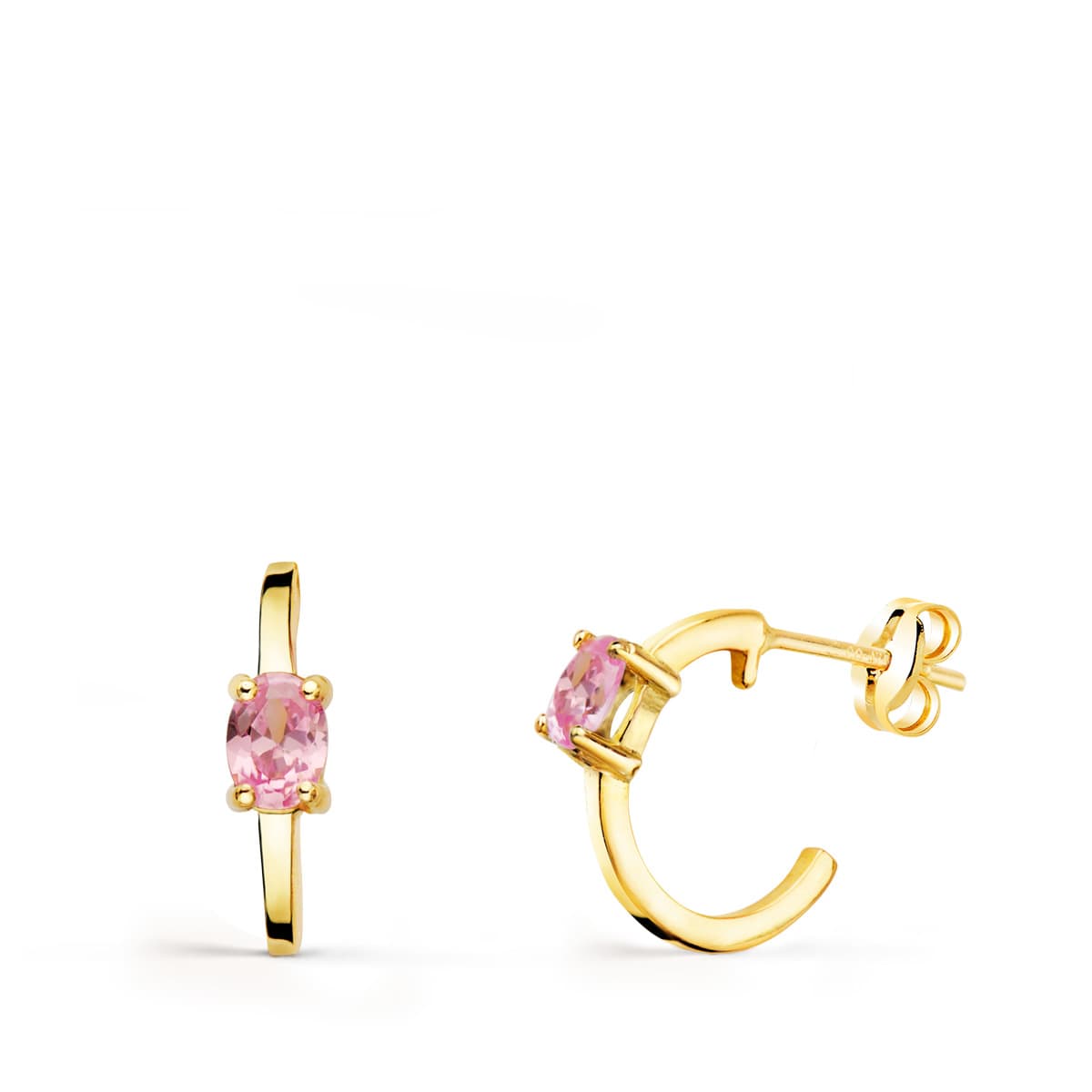 18K PENDIENTES ORO AMARILLO MEDIO ARO LISO CON CIRCONITA ROSA 12X3 MM PRESION