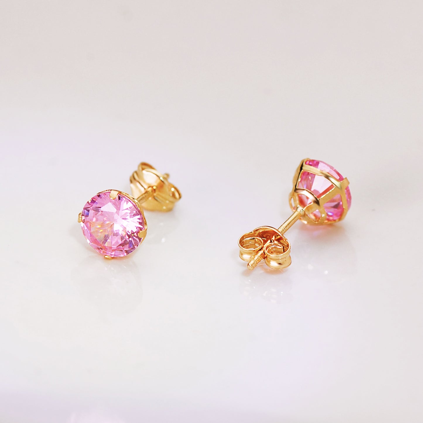 18K PENDIENTES ORO AMARILLO REDONDOS PIEDRA ROSA 6 MM. CIERRE PRESION