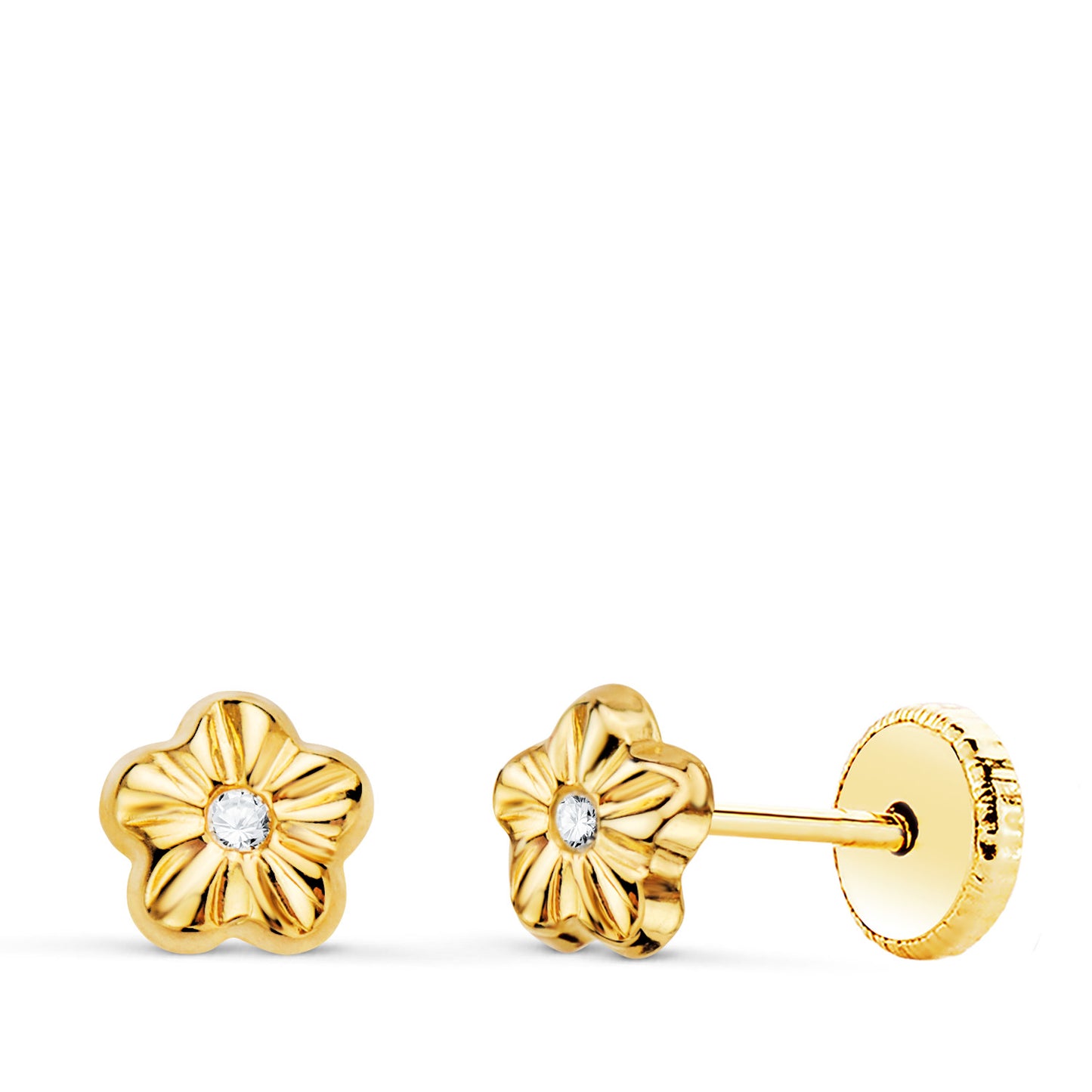 18K PENDIENTES ORO AMARILLO FLOR CON CIRCONITAS 5 X 5 MM CIERRE TUERCA