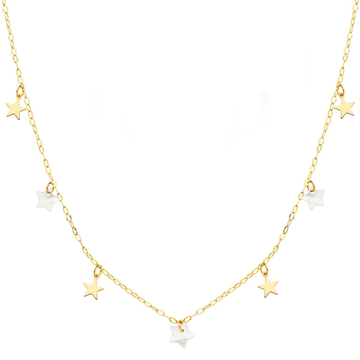 18K GARGANTILLA ORO AMARILLO ESTRELLAS LISAS Y NACAR 5.5 MM CADENA FORZADA 45 CM