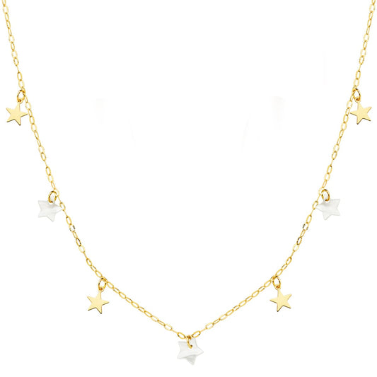 18K GARGANTILLA ORO AMARILLO ESTRELLAS LISAS Y NACAR 5.5 MM CADENA FORZADA 45 CM