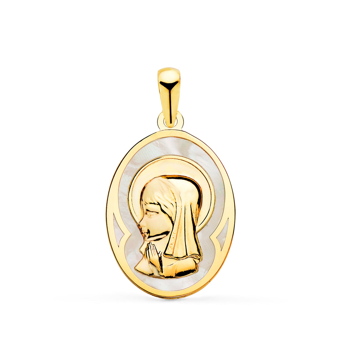 18K MEDALLA ORO AMARILLO OVALADA CON NACAR BLANCO Y VIRGEN NIÑA 17X12 MM