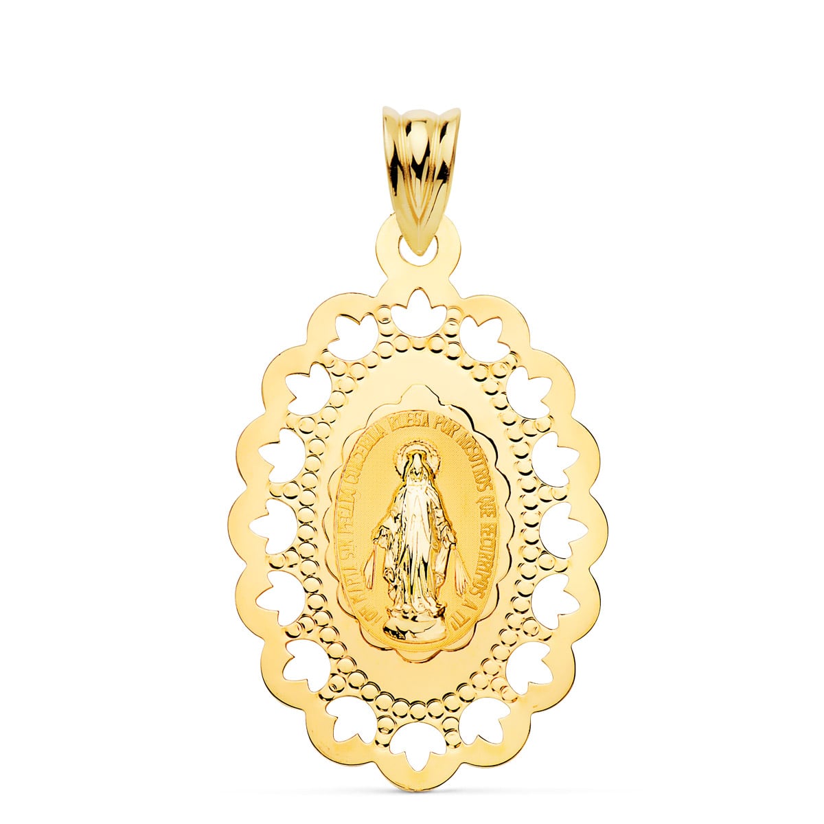 18K MEDALLA VIRGEN MILAGROSA CERCO CALADO 34 X 22 MM